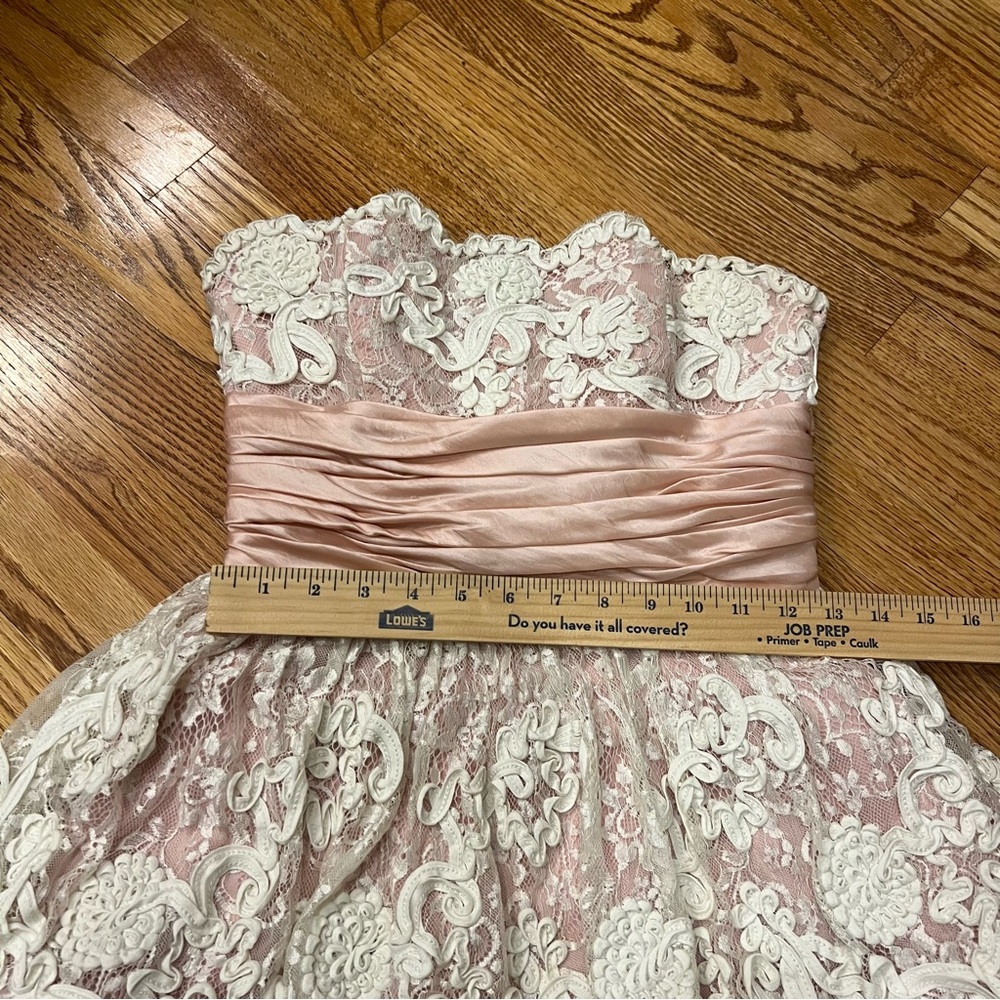 Vintage Betsey Johnson Lace Pink Strapless Mini Dress Lacey Tea Party Tulle Bow - Picture 14 of 14